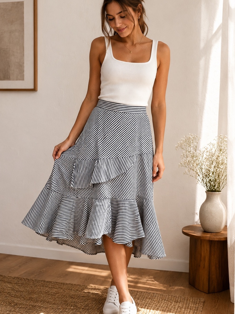 Navy & White Striped Ruffle Midi Skirt Elegant Feminine Size L - Picture 2 of 5